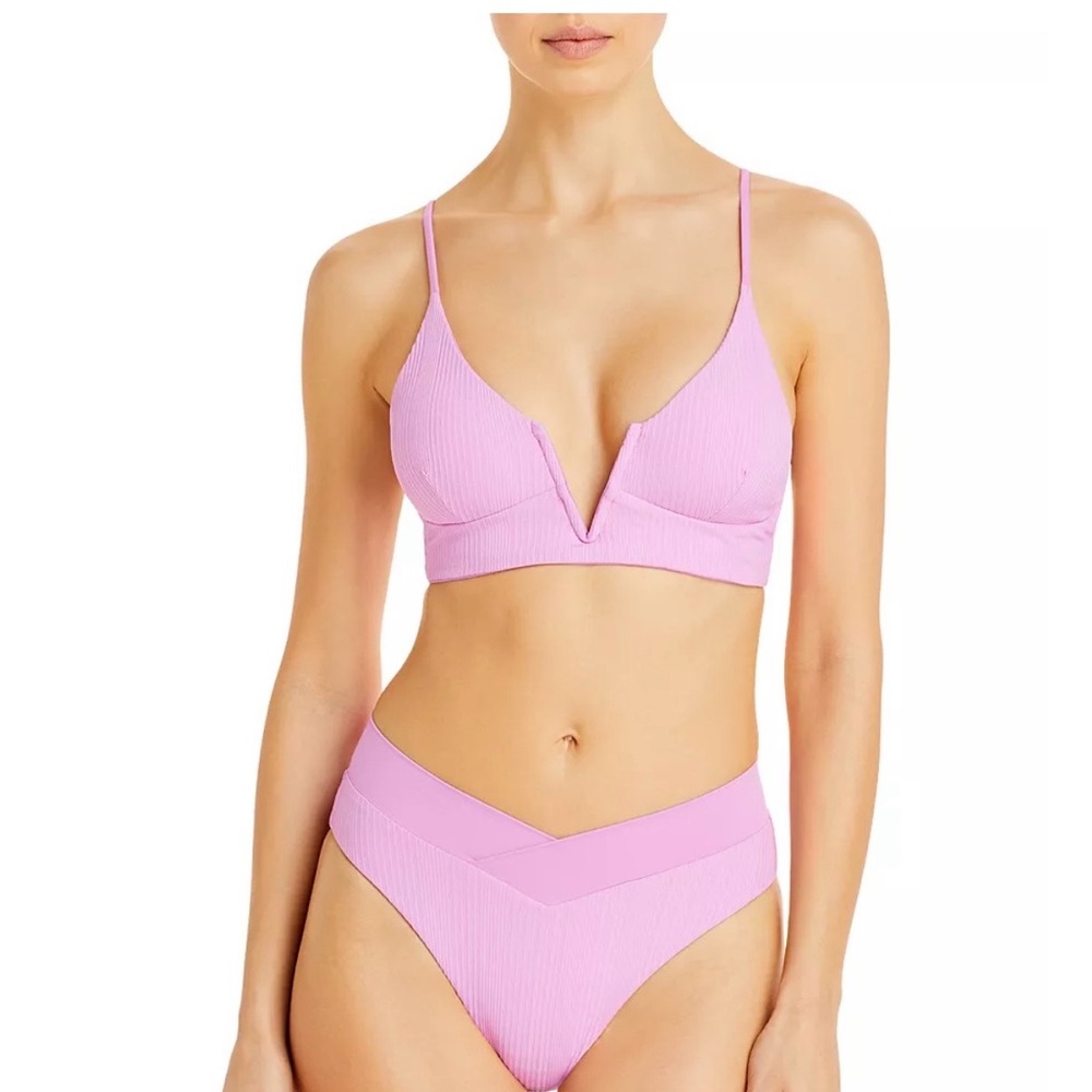 L*SPACE Pink Ribbed V-Neck Bikini Set